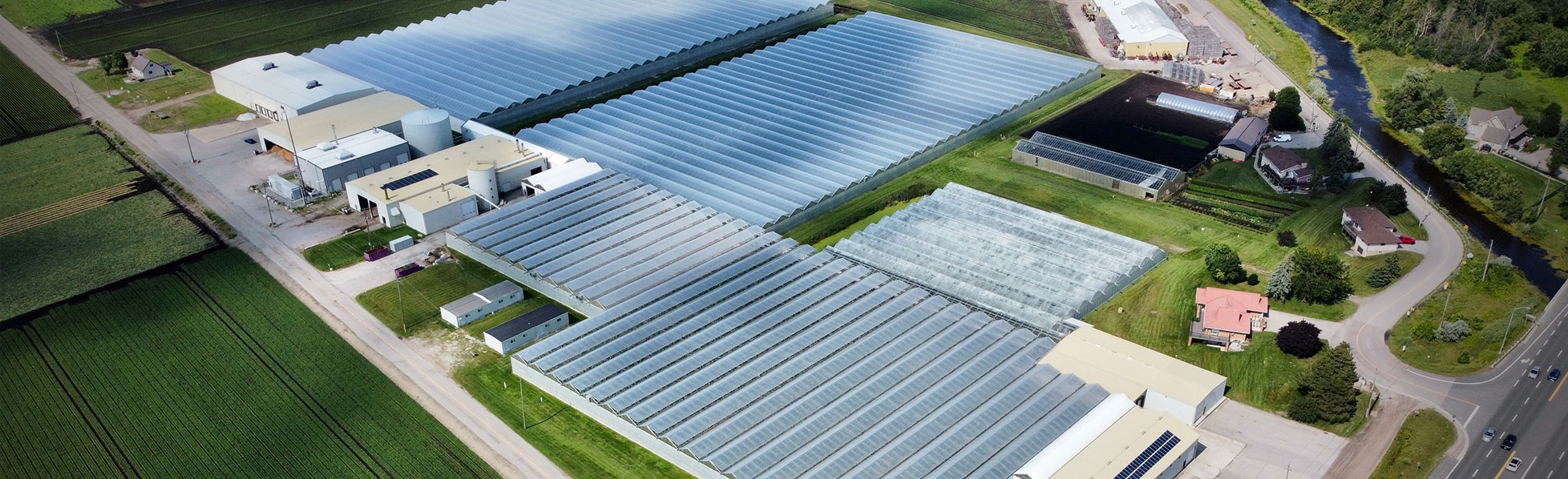 Drone-captured overhead image of Foothill Greenhouses Limited and surrounding land